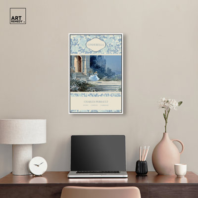 Classic Cinderella Cover Framed Canvas Print Vintage Wall Decor by Art Remedy, White Frame, 16 x 24