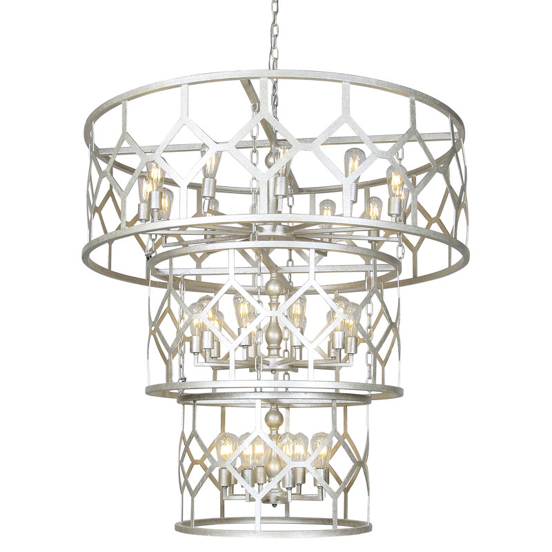Diamond 24 - Light Unique / Statement Drum Chandelier, Silver Leaf