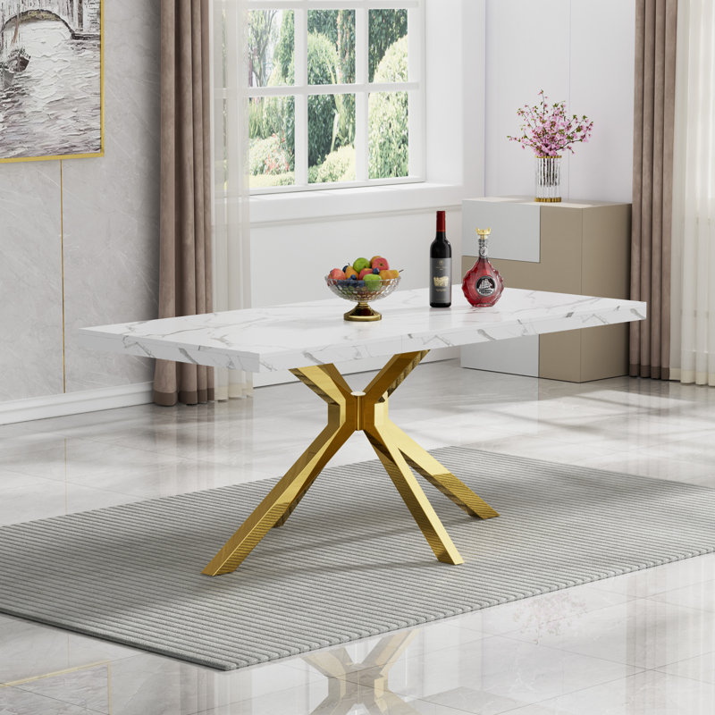 70" Large Dining Table, Luxurious White Table With Printed Marble Top And Stainless Steel Pedestal, Modern Rectangular Marble Printed Kitchen Table