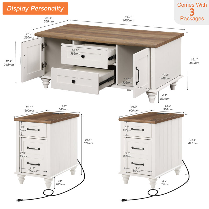 3 - Piece Living Room Table Set, Brown/White