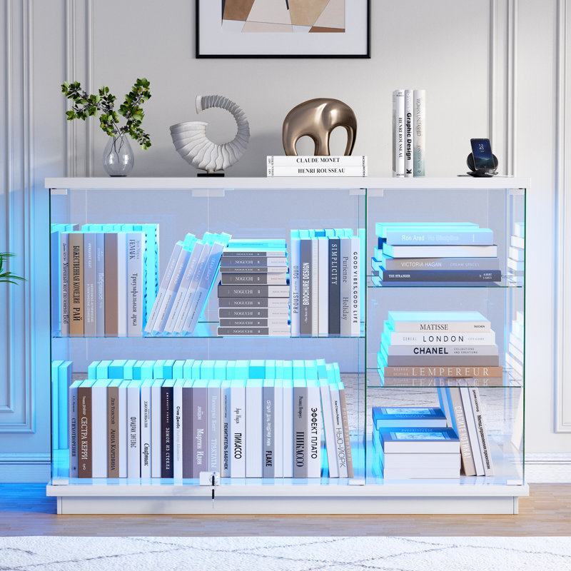47.24'' Sideboard, Modern Clear Tempered Glass Buffet, Display Case With Rgb Led Lights, Usb Port, Type-C Port And Motion Sensor