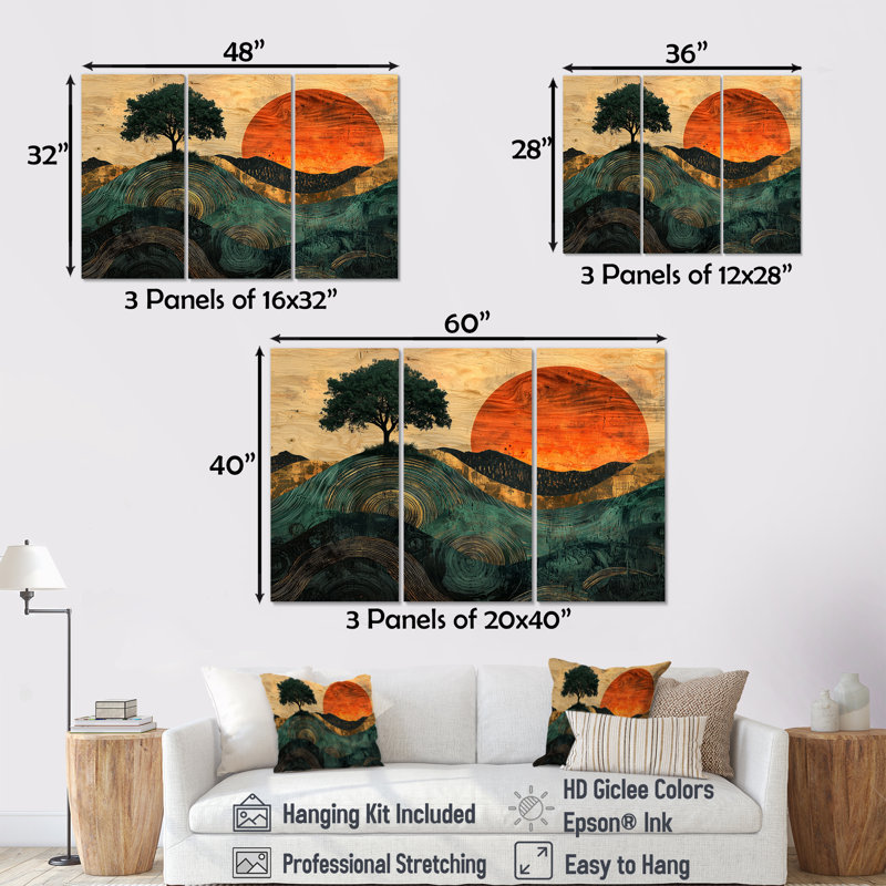 Baobab au lever du soleil avec racines d'Afrique II - art mural arbre - ensemble de 3, H 32 po x l 48 po, Toile tendue