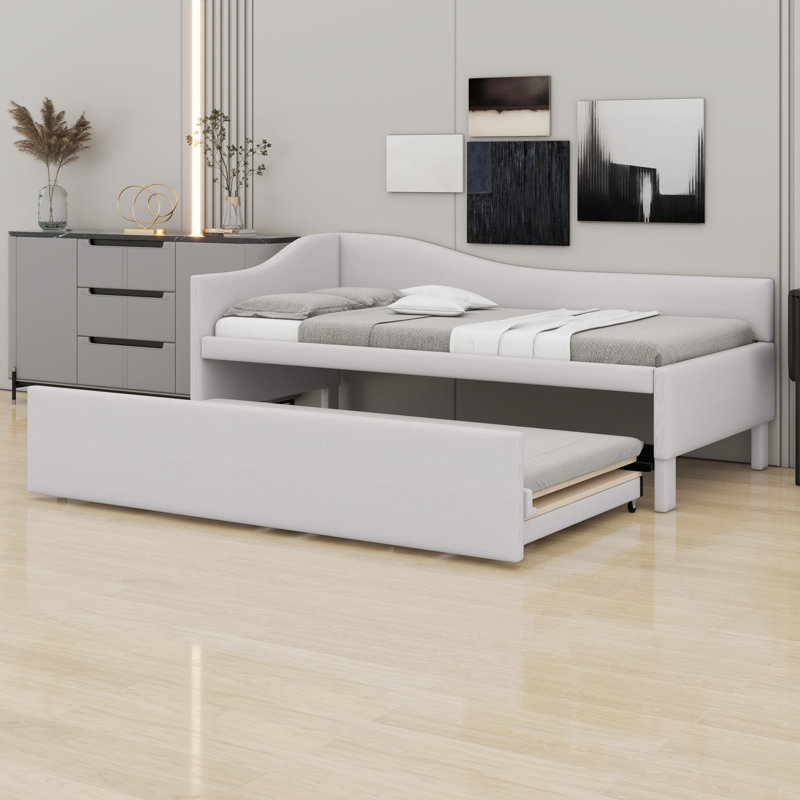 Lit de jour simple rembourré extensible avec dossier en L, Beige