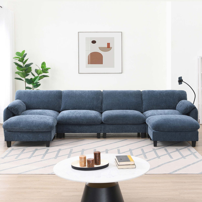 Canapé modulaire de 140 po en forme de U avec coussin de siège extra large de 31,5 po, chargeur USB et de type C, support pour téléphone et 2 poches de rangement latérales, repose-pieds à mouvement libre, chenille rayée