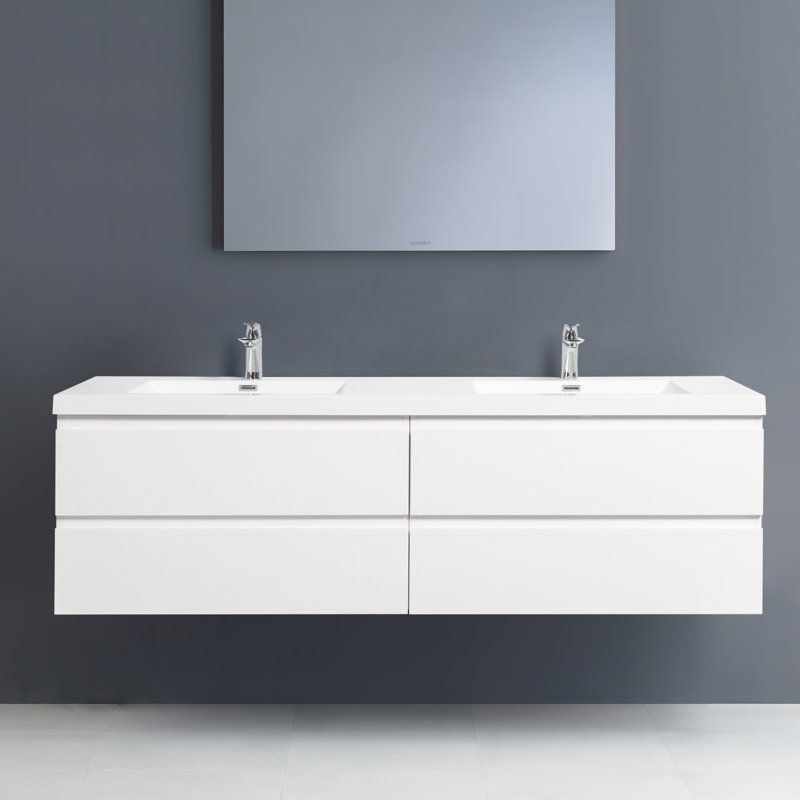 Meuble-lavabo double avec comptoir Garnetta 70,88, Blanc lustré