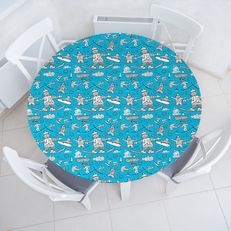 Bungalow Rose Ski Pattern Fitted Round Tablecloth Sky Blue and White, 51.97" Round
