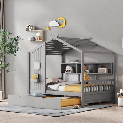 House Style Bed With Trundle And Shelves, Daybed With Roof