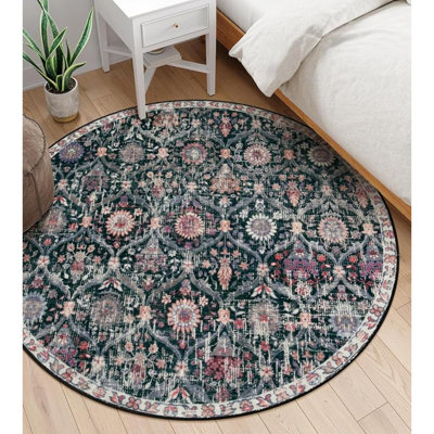 Moroccan Trellis Washable Round Area Rug, Soft Round Rugs 6Ft Ultra-Thin Non-Slip, Vintage Large Circle Carpet For Bedroom Living Room Kitchen Nursery, Black/Multi