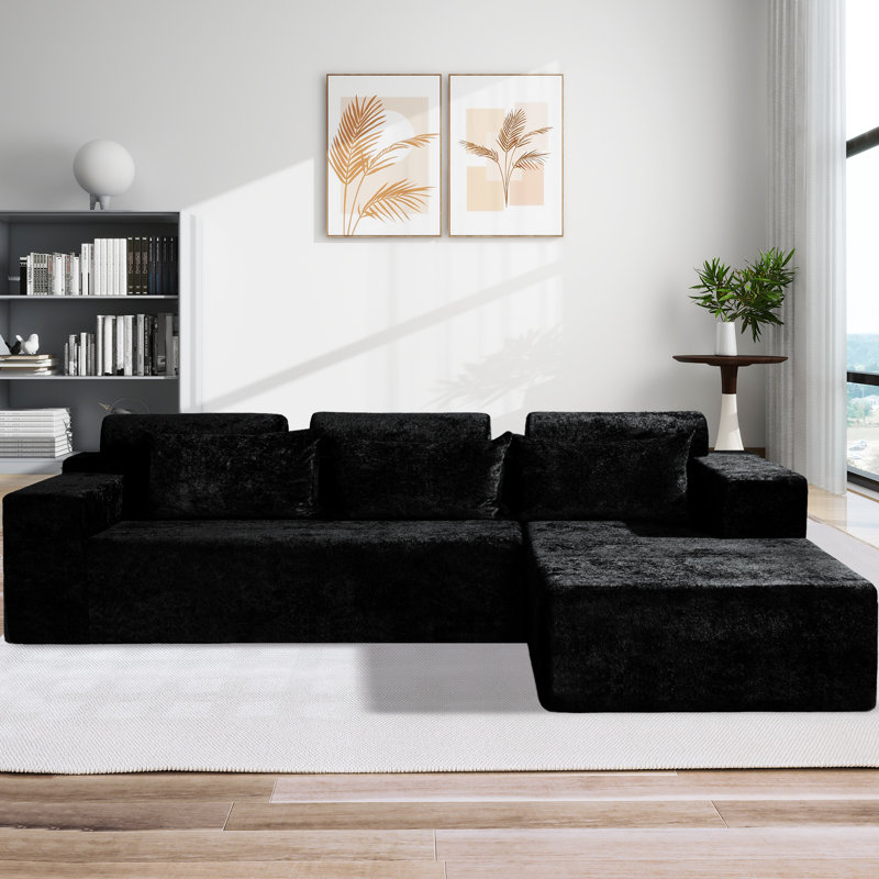 105" L-shape Modular Sectional Sofa Couch For Living Room, Black, Right Hand Facing