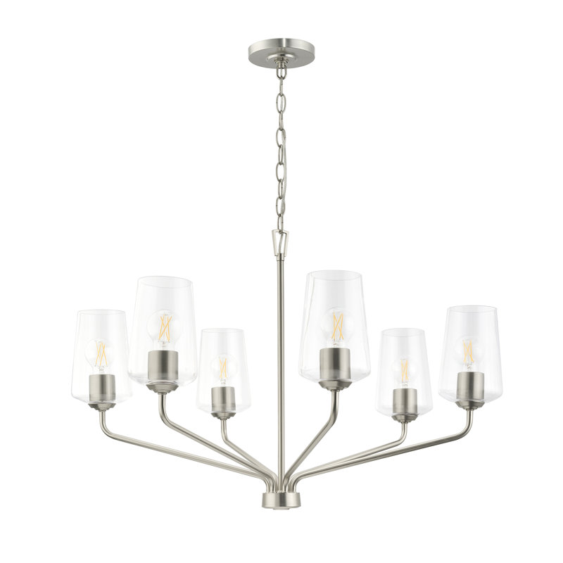 Lustre à trois lumières Celino avec verre transparent, Six lumières, Nickel brossé, H 21 po x l 32 po x P 32 po