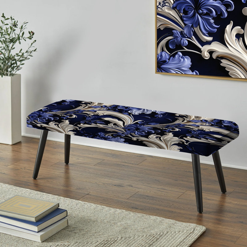 Cobalt Blue Baroque Scrolls Victorian Pattern I - Floral Upholstered Black Bench