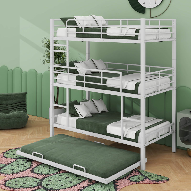 Twin Size Metal Triple Bunk Bed With Trundle, White
