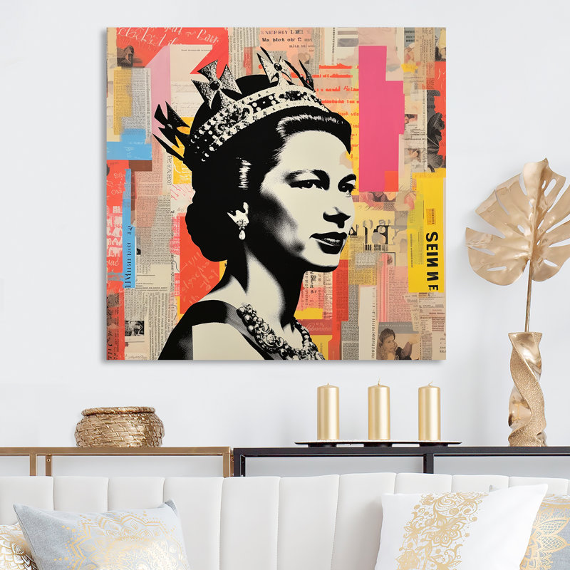 Coloré Popart iconique, reine du Royaume-Uni 3 - Art mural en métal célébrité, H 16 po x l 16 po