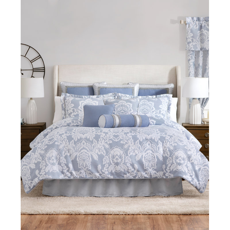 84" Light-Filtering White and Periwinkle Polyester Floral Drapery Panels