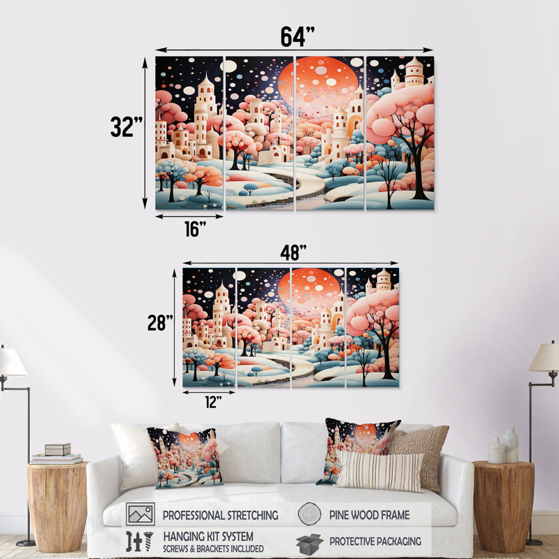 Bulle rose paysage urbain Art déco - ensemble d'art mural 4 pièces City Art Deco, H 28 po x l 48 po