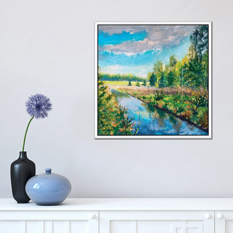 River In Spring Green Forest by Valery Rybakow - Painting on Canvas, White Framed Canvas, 45.72 cm H x 45.72 cm W