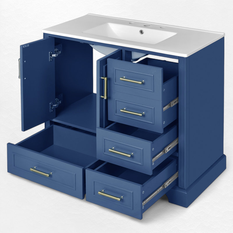 Meuble-lavabo simple 36 po avec lavabo en céramique, Bleu, Doré