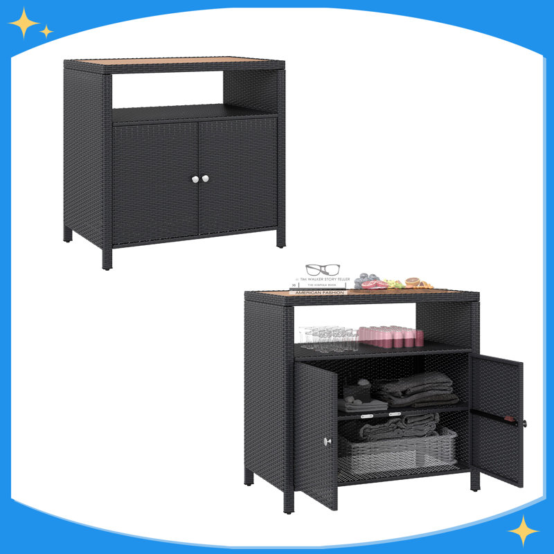 Outdoor Storage Cabinet with Acacia Wood Top, Two Doors, Shelf, Wicker Bar Table for Pool Towel Storage, Black
