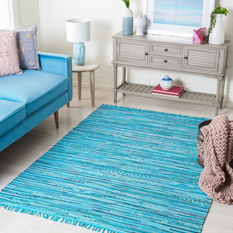 Tapis turquoise en coton tissé à plat à la main Nerys, Rectangle 4 pi x 6 pi
