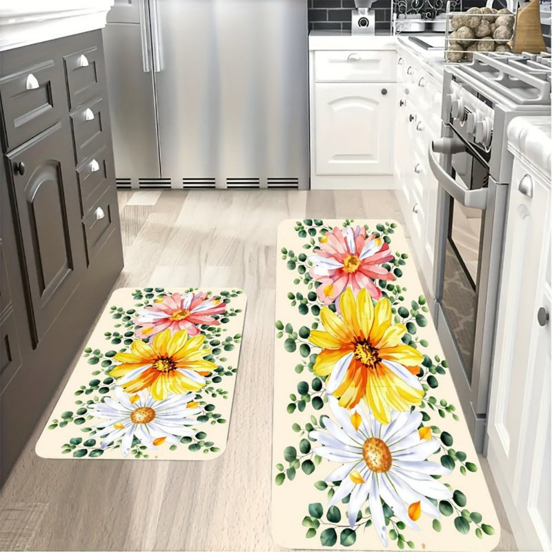 Ensemble de 2 tapis d'entrée de cuisine à motif floral beige