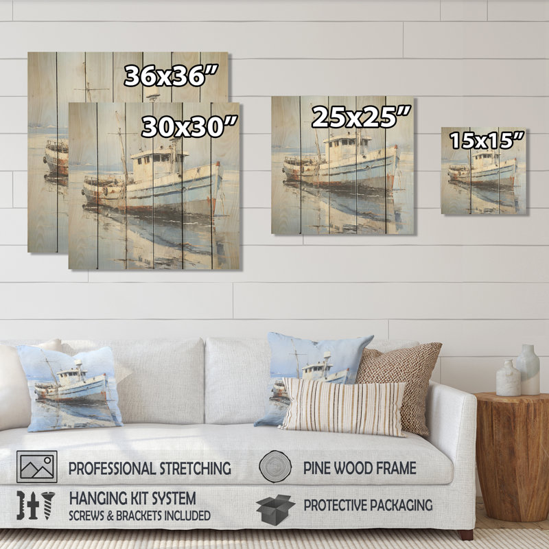 «Tranquil Waters Fishiing Boat» - Bateau sur impression sur bois, H 15 po x l 15 po