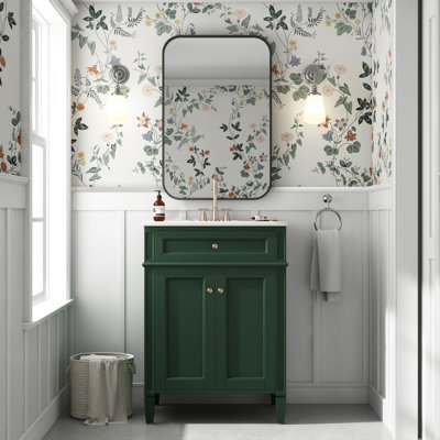 Meuble-lavabo de salle de bain 24 po avec 2 portes et tiroir, organisateurs de rangement intelligents, glissières de tiroir coulissantes, tablette réglable, charnières à fermeture en douceur, pieds en bois massif, lavabo en céramique,
