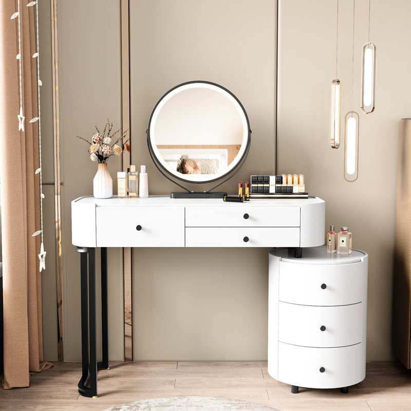 Meuble-lavabo à miroir détachable, minimaliste moderne avec éclairage tricolore, trois tiroirs principaux et latéraux, armoire latérale rotative, réglable pour l'espace de la chambre à coucher, meuble-lavabo en métal noir