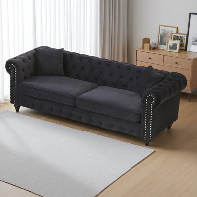 Canapé Chesterfield en velours 85,5 po avec accoudoirs roulés et canapé à 3 places