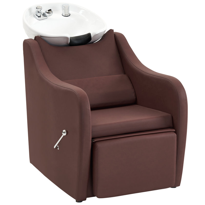 Shampoo Barber Backwash Chair Extended, Ceramic Shampoo Bowl Sink Chair, Brown Faux Leather