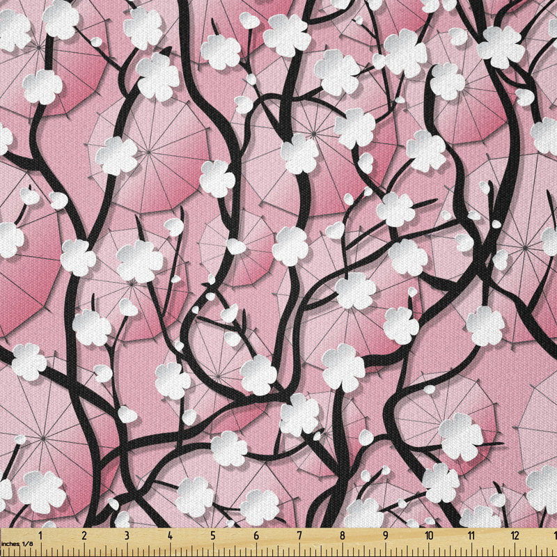 Cianan Japanese Sakura Tree Flowers on Umbrellas and Curved Branches Romantic Blooms Multi-Purpose Fabric