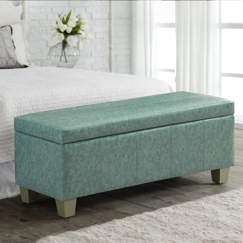 Green Faux Leather Tufted Storage Ottoman with Wooden Legs