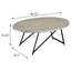 Table basse industrielle ovale avec une grande surface, un plateau en chêne gris patiné et des pieds en métal noir