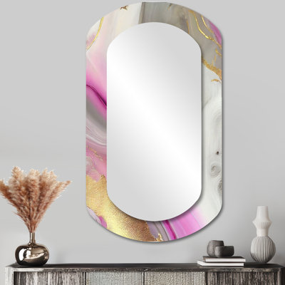 Doak rose et or marbre abstrait II - miroir décoratif cylindrique en marbre, miroir mural asymétrique moderne, impression d'art en métal