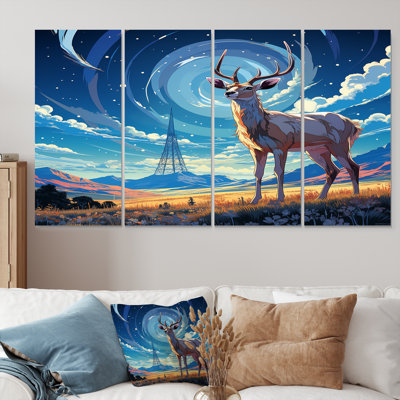 Nocturnal Deer On The Prairie - Ensemble d'art mural animalier 4 pièces