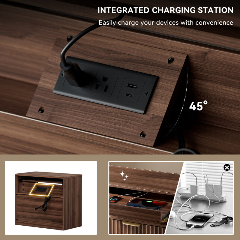 27”nightstand With 2-drawers & Open Shelf, Bedside Table With Outlets,end Table With 1 Pull-out Shelf, Night Stand For Bedroom