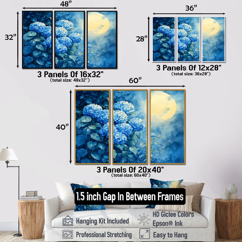Hortensias sous le clair de lune II - décoration murale hydrangées - 3 pièces, H 28 po x l 36 po, Noir