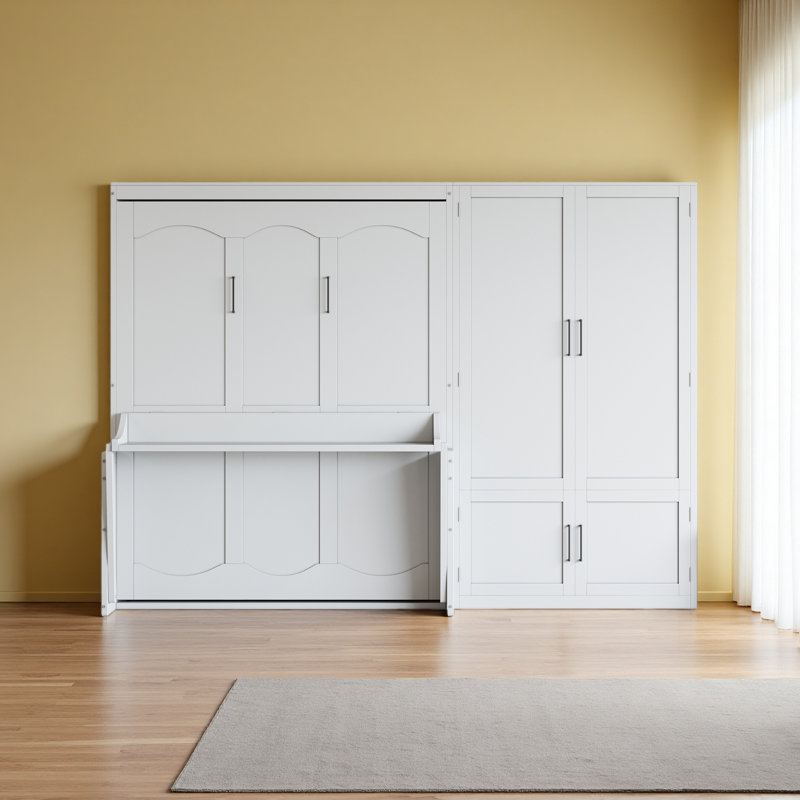 Grand lit escamotable mural avec placard, Blanc
