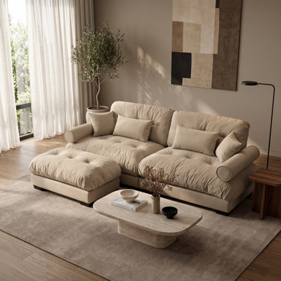 Canapé modulable 2 places en velours à assise profonde avec pouf amovible, coussins de dossier et traversins, couleur camel