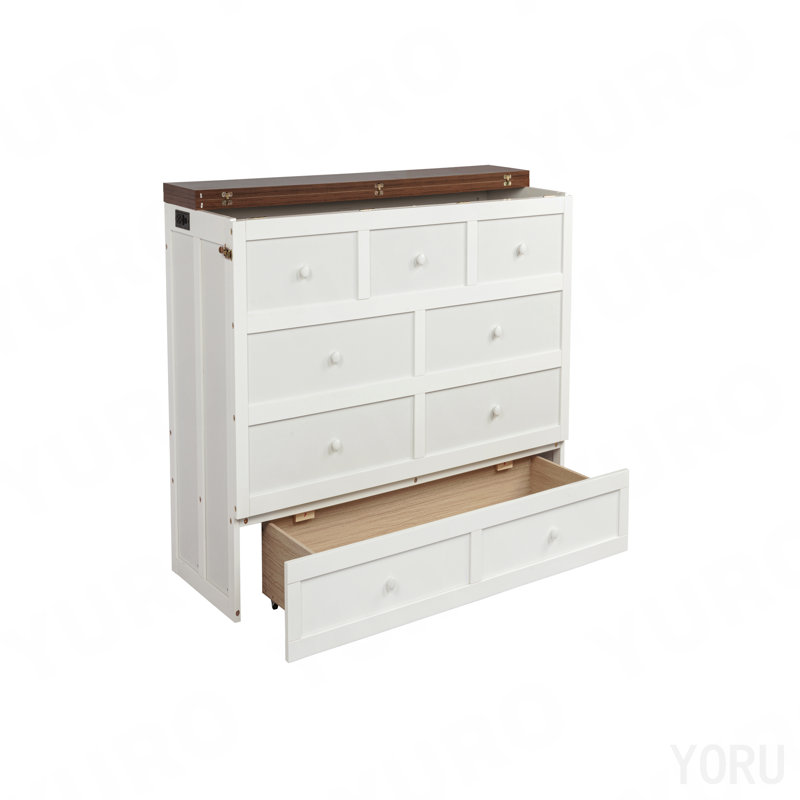 Grand lit escamotable avec tiroir de rangement et station de charge Murphy, port USB, cadre de lit escamotable en pin massif pour bureau à domicile, studio ou chambre d'amis, noyer blanc