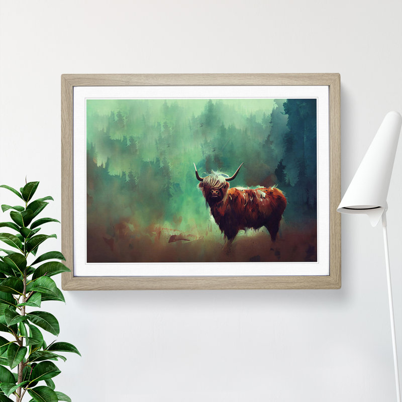 Highland Cow Abstract - Single Picture Frame Painting, 34cm H x 46cm W x 2cm D, Oak