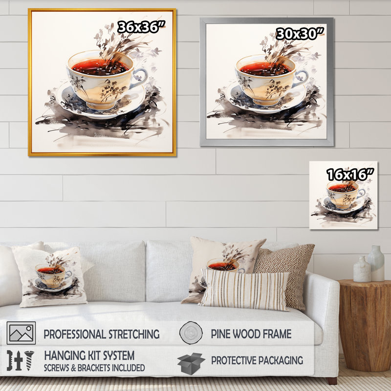Red Red Teacup Delight I - art mural chinois, Cadre doré simple, H 36 po x l 36 po x P 1,5 po