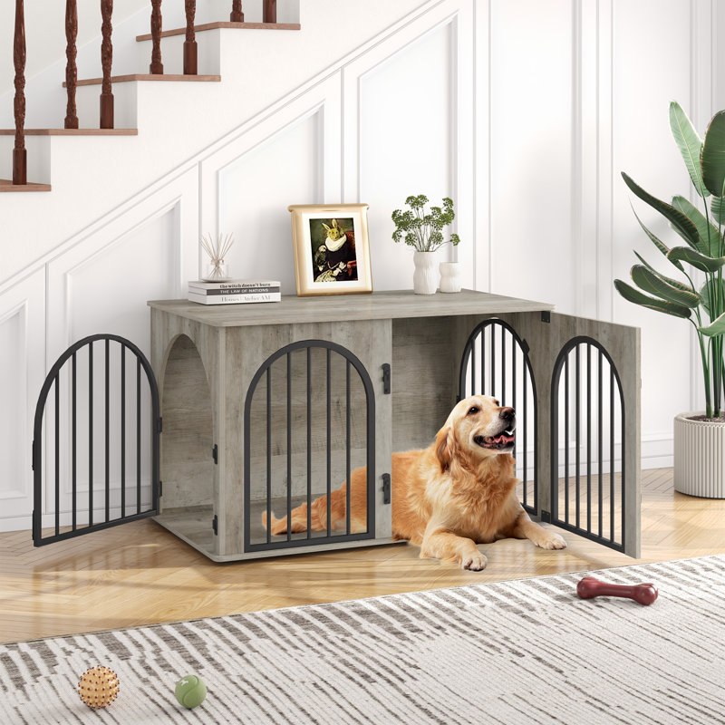 Dog Crate Furniture, 100 cm Wooden Dog Crate, Indoor Kennel for Small/Medium/Large Dogs, End Side Table Animal Crates, Anti-Chew, Anti-Escape, Arched Door Design