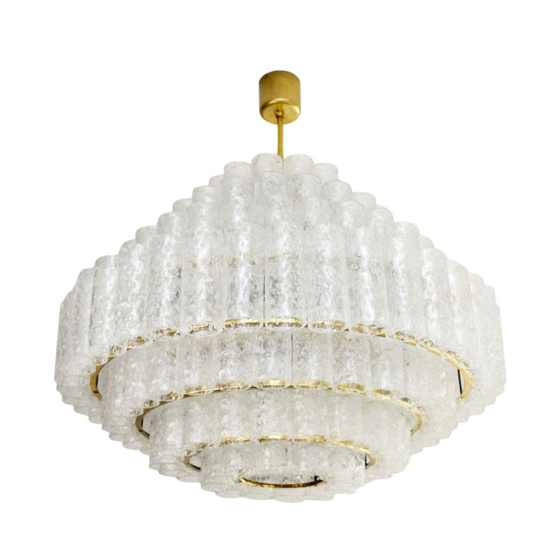 Lustre à niveaux, Verre texturé transparent, 28" Diameter x 21" Height, Laiton