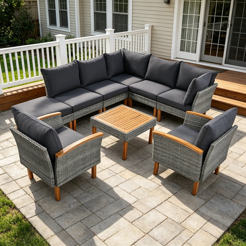 Ensemble de meubles de patio en rotin 9 pièces, ensemble de conversation extérieur avec pieds en bois d'acacia et plateau de table, ensemble de canapé modulaire en rotin PE avec table basse, coussin lavable, gris