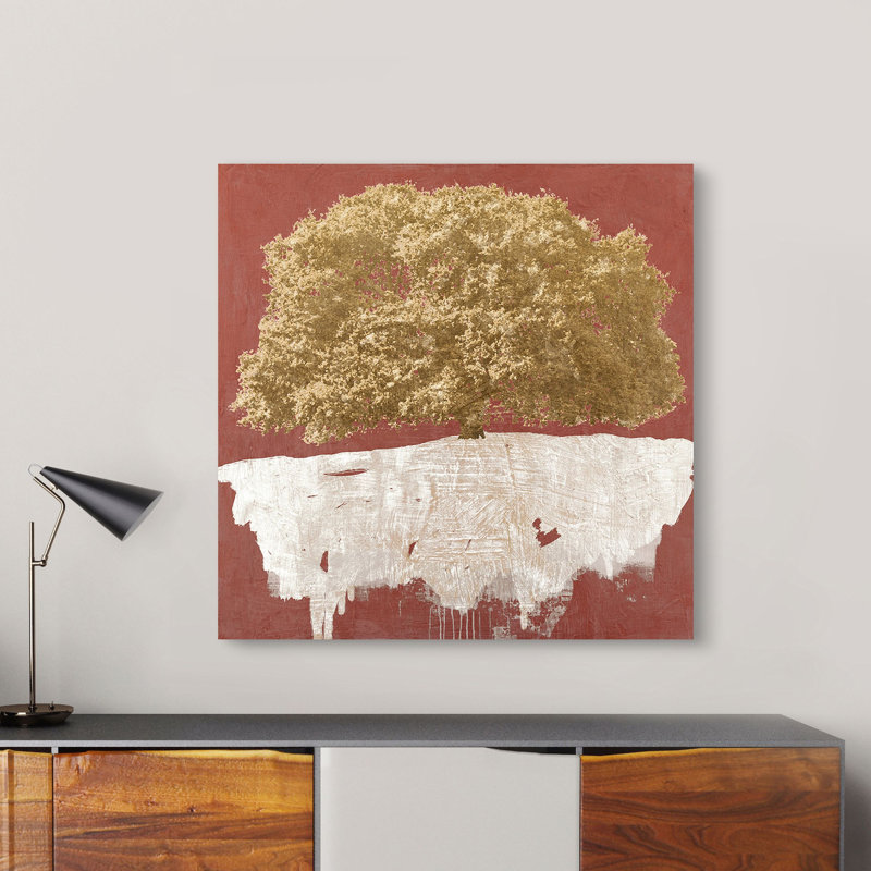 Golden Tree on Red 1 Piece Wrapped Canvas Wall Art, 70cm H x 70cm W x 4cm D