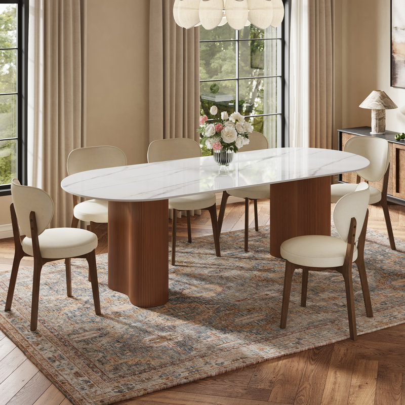 Modern Oval Glossy Sintered Stone Dining Table for 6-8, Double Fluted Column Pedestal for Kitchen & Dining Room, Brown, White