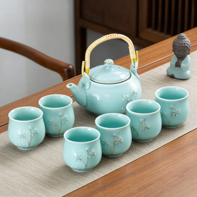 Service à thé japonais en forme de fleur de prunier avec plateau en bambou, théière en céramique et 6 tasses, porcelaine en forme de four fabriquée à la main pour la maison, les cadeaux et la cérémonie du thé traditionnelle