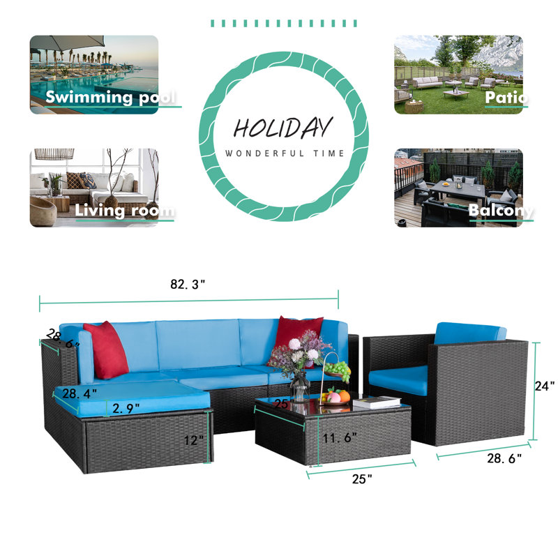 Ollison 6 Piece Rattan Sectional Seating Group with Cushions, Blue/Red
