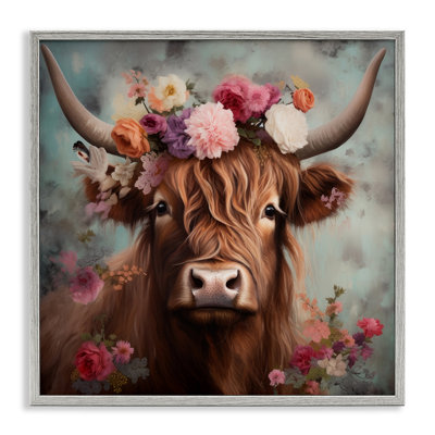 Stupell Industries Detailed Floral Highland Cow By Irena Orlov Single Picture Frame Print On Canvas In Farmhouse Gray Framed Giclee