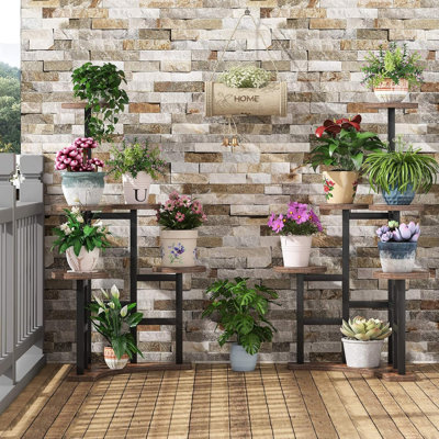 6-Tier Corner Plant Shelf, Rustic Brown Wood, Multiple Pots Storage, Living Room Patio Balcony Garden